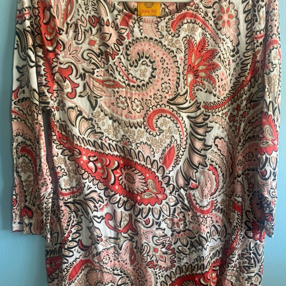 Ruby Rd. Paisley Tunic in Coral, Pink & Black
